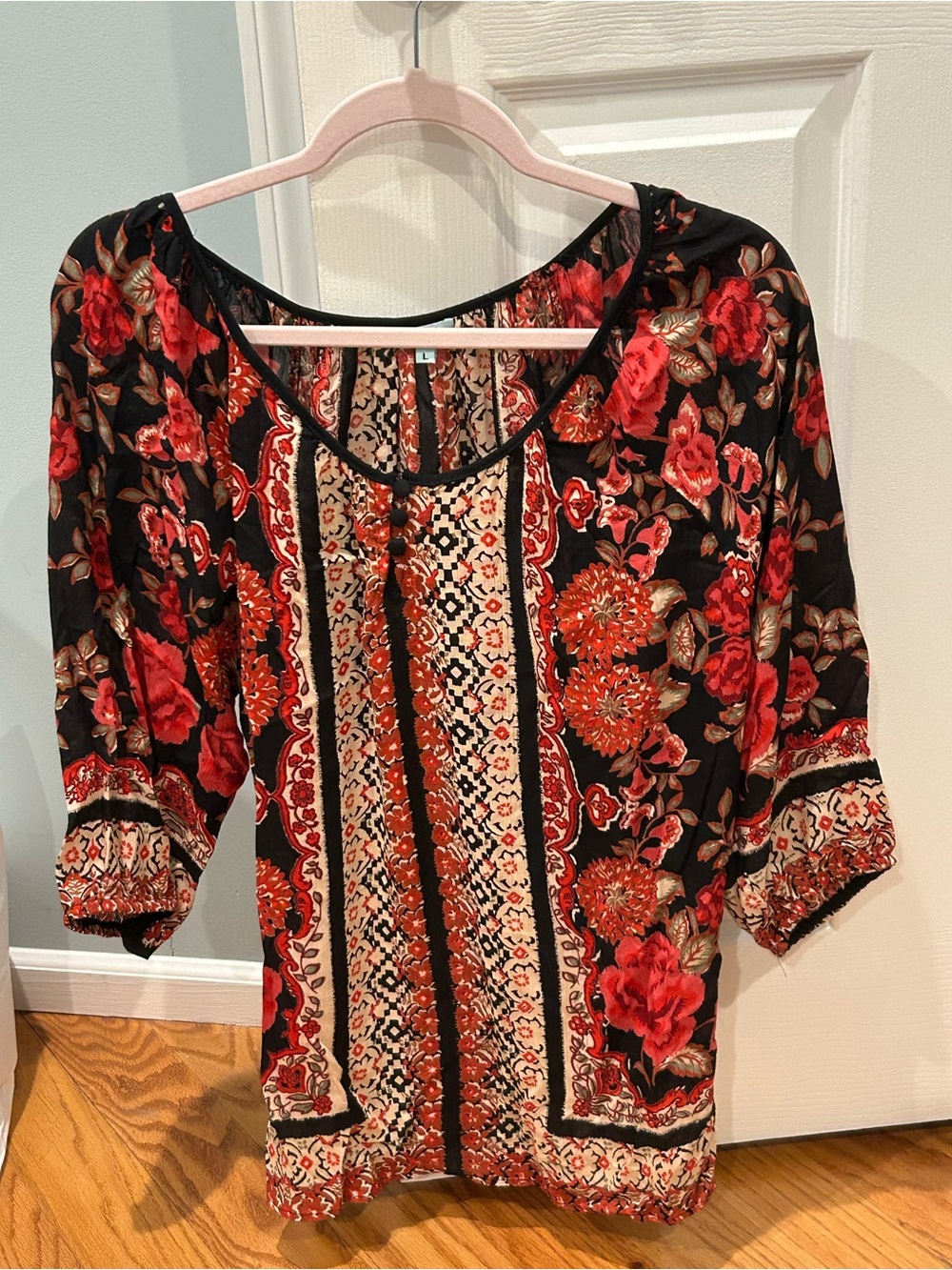 Nostalgia Black Print Blouse With Red Floral and Cream Accents. Size L